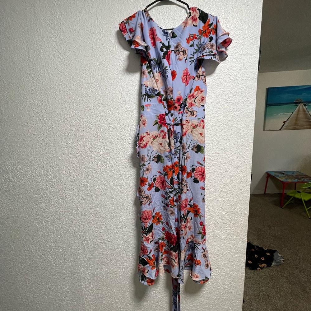 Vince Floral Dress in Light Blue and Red